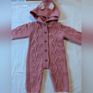 Infant Girl Knitted One Piece Hooded Jumpsuit Romper With Ears Size 0-3 Months
